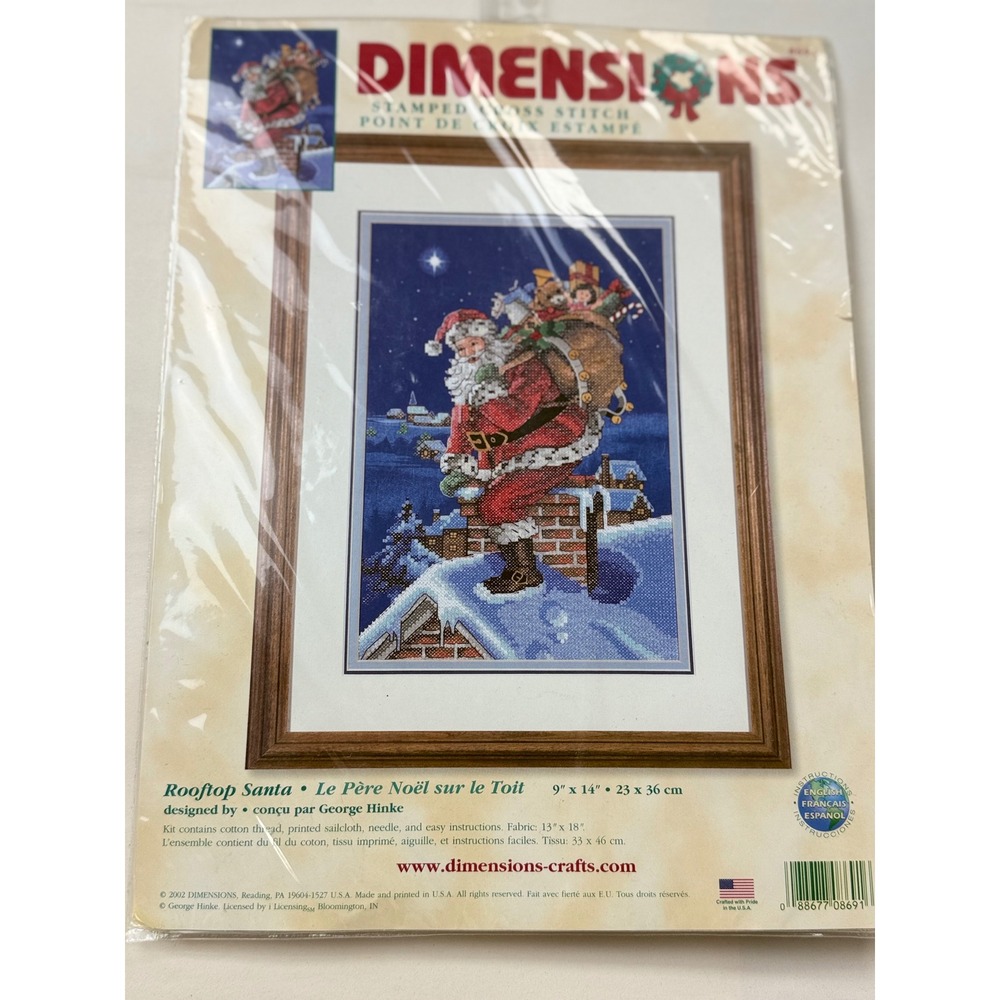 Vintage Stamped Cross Stitch Kit Dimensions Rooftop Santa NOS George Hinke